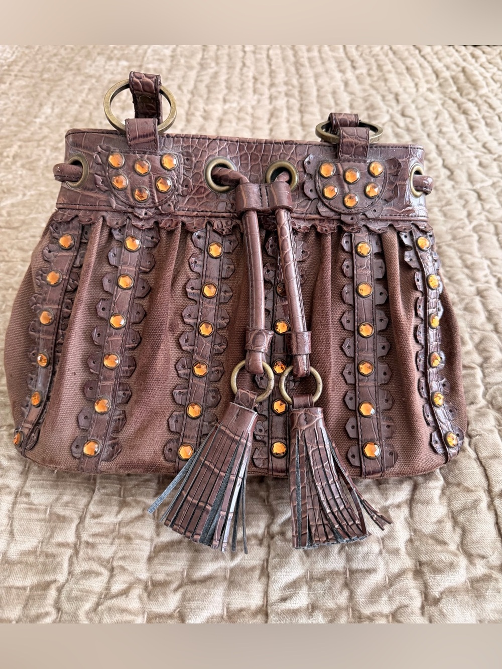 Vintage CACHE Brown Studded Tassel Drawstring Bag